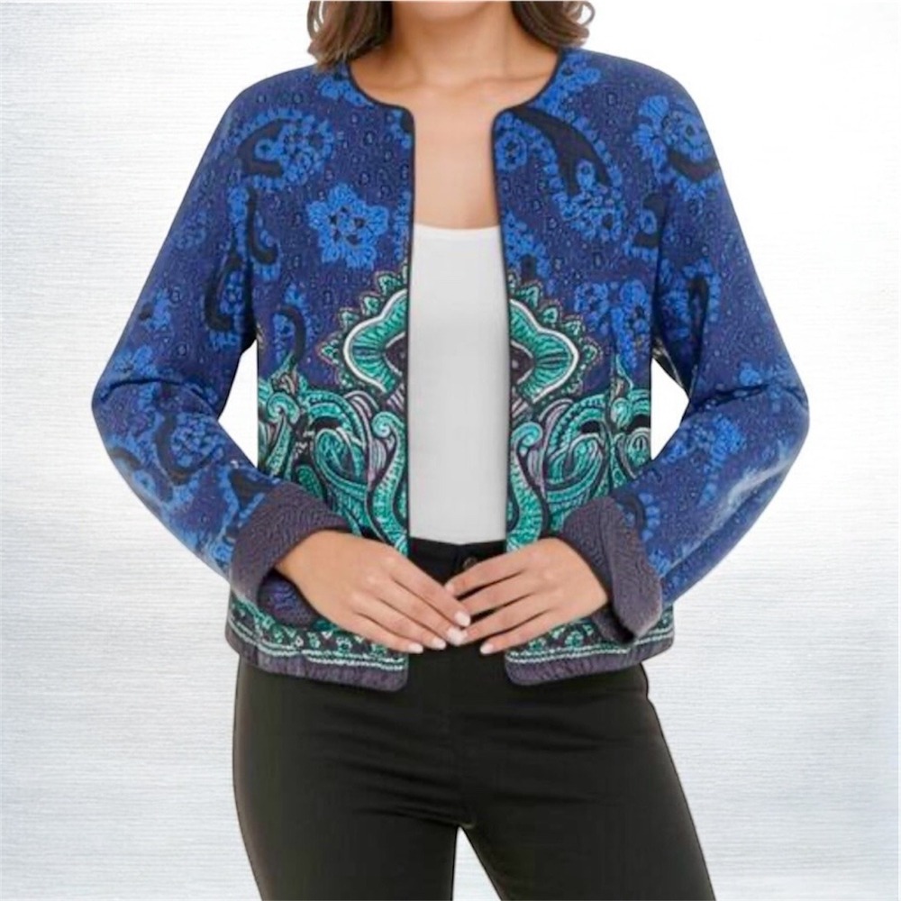 Coldwater Creek Blue Teal Paisley Medallion Open Front Blazer Jacket Womens 10